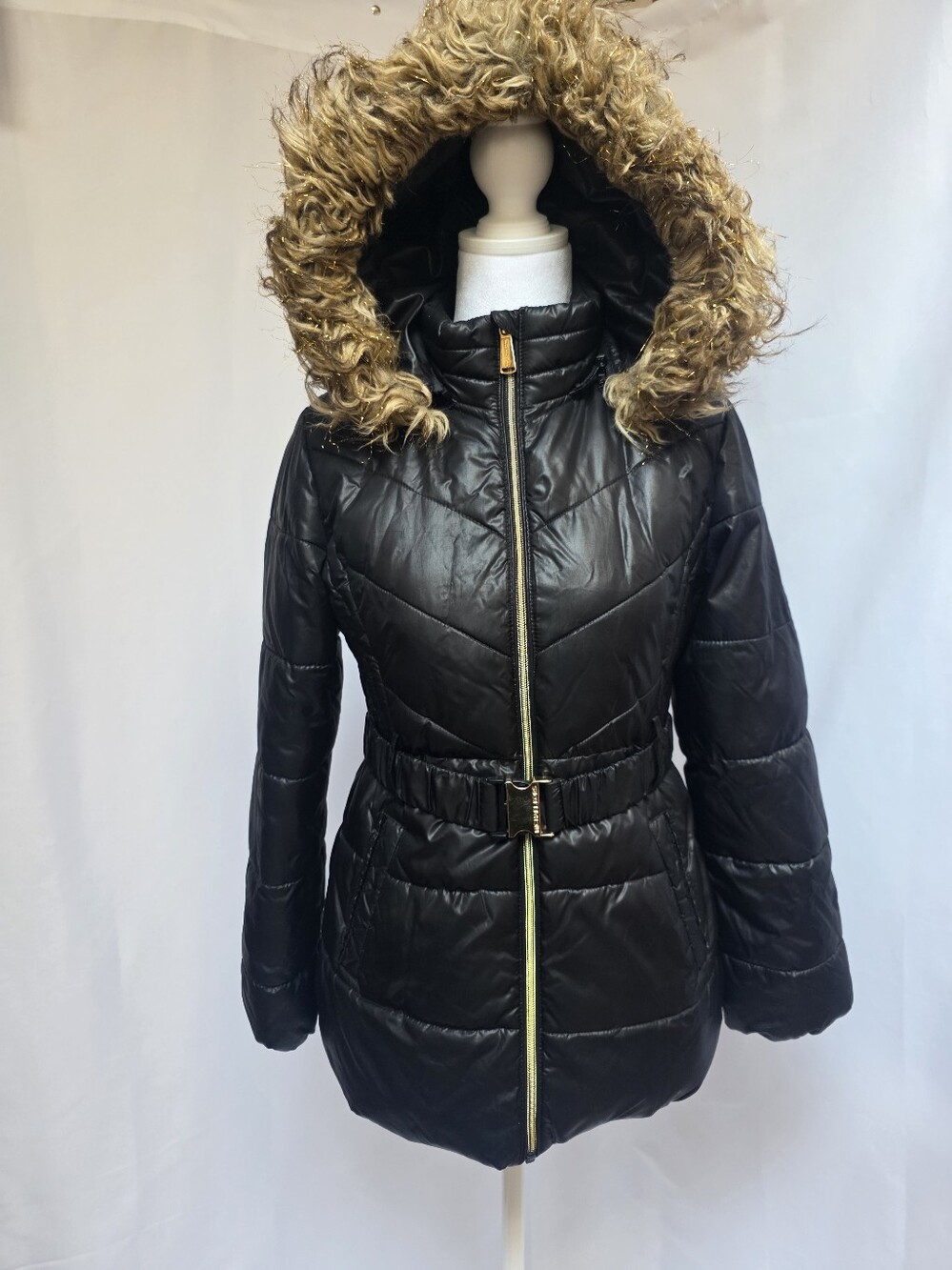 Michael Kors Girls Black Puffer Jacket Faux Fur Hood Size 14 - Picture 1 of 8
